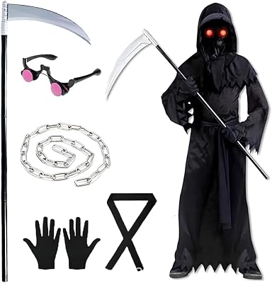 Fiotha Sensenmansdräkt barn, 7 st halloweenkostym barn med rock mask sense, glasögon handskar kedja bälte, halloween liemannen kostym för halloween, cosplay, karneval