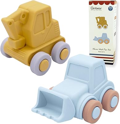 Ginbear Silikonleksaksbilar för spädbarn | från 9 månader | mjukt krypfordonsset (12–18 månader) | Giftfri leksak för småbarn 1–3 år | BPA-fri, livsmedelssäker (grävmaskin + bulldozer)