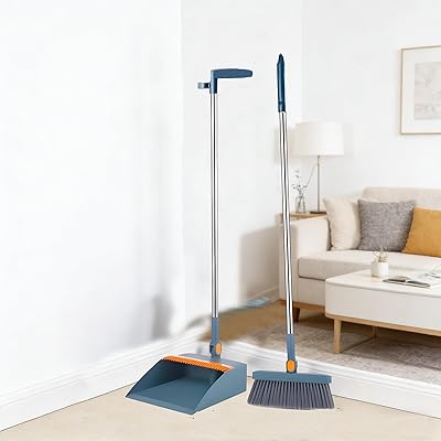 Kvast och spade med lång ärm, kvastset med dammspade, 81 cm, vertikal stöldsäker med teleskopiskt handtag i rostfritt stål, för hem, kontor, kök och utomhus