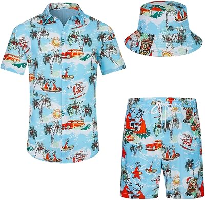 SPKPKEY Hawaiiansk skjorta och shorts för män, set i 2 delar, ledig button-down-skjortor, sommar, strandkläder med fiskhattar, Jul blå, XL