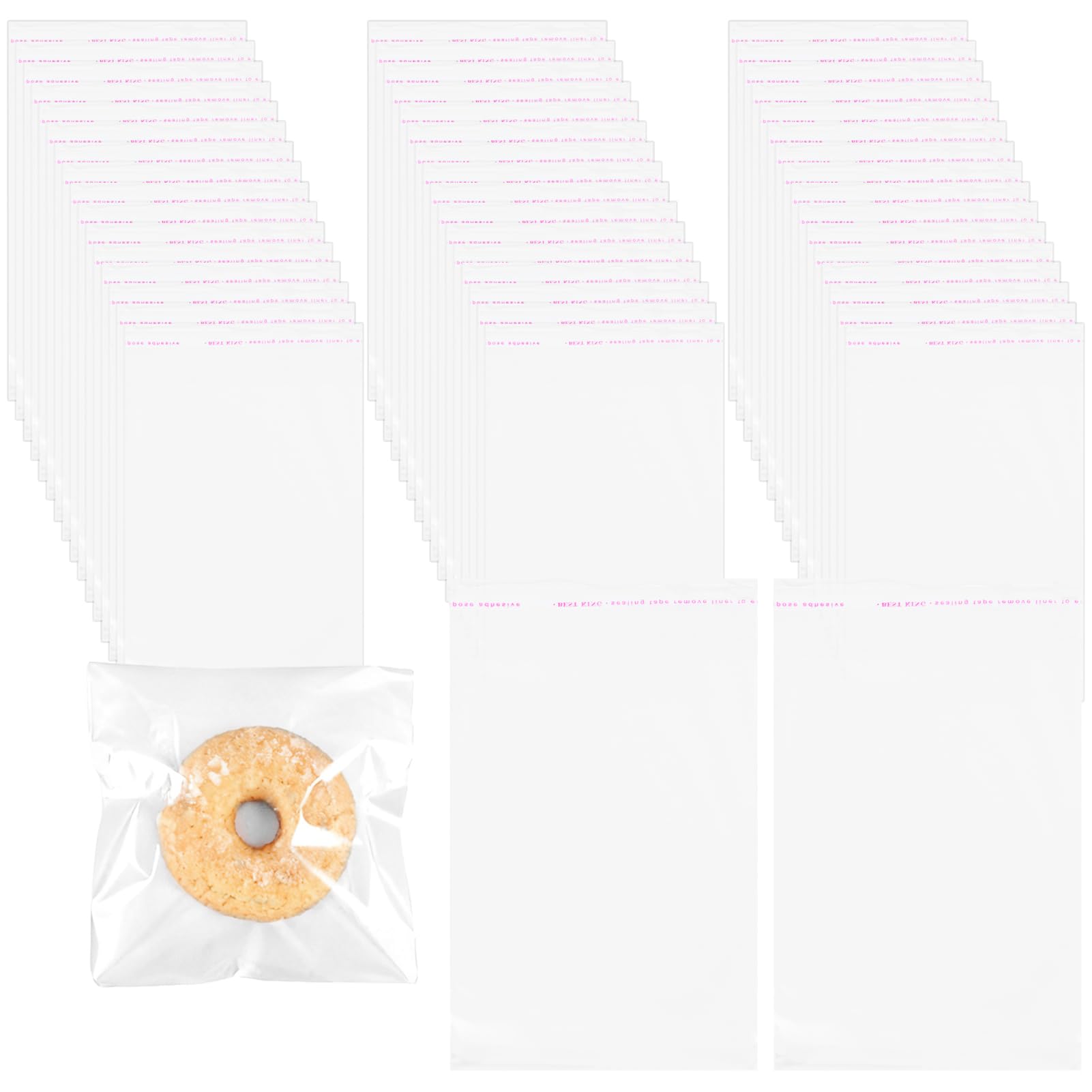 Förpackning med 450 små självhäftande påsar (7 x 10 cm) av genomskinlig cellofan. Platta påsar för kex, godis, nötter, smycken, bakverk, presenter och klubbor.