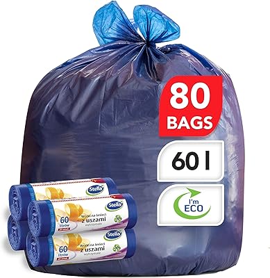 Stella Pack Soppåsar 60l 80-pack Marinblå Återvunnen Plast Starka Flexibla Vågtopp Med Öron Perforerade Miljövänliga Återvinningsbara För Inomhus- och Utomhusbruk