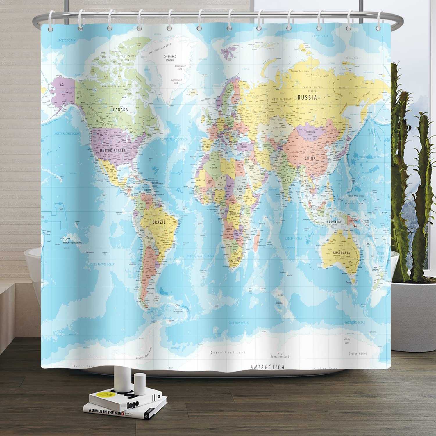 SDOTPMT 165 x 183 cm världskarta duschdraperi länder och städer geografi duschdraperi barn pedagogiskt tema badkar gardin för barn badrumsdekor vattentät med krokar