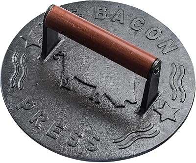 Bellemain Baconpress 20 cm rund | kraftig gjutjärnsgrillpress för perfekt rostad bacon, biff och smörgåsar | Jämförd viktfördelning | Matsäker press med trähandtag | 1,4 kg