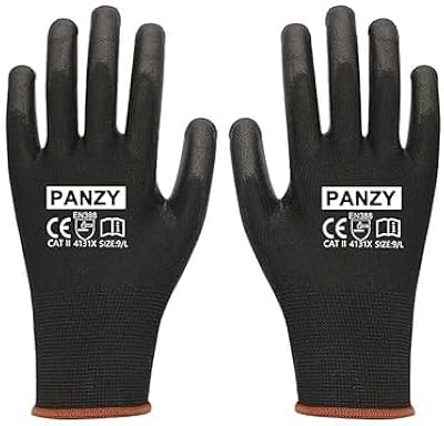 Panzy Pack med 12 eller 24 svarta arbetshandskar, PU och nylon halkfria arbetshandskar för utomhusbruk (12, Small (7))