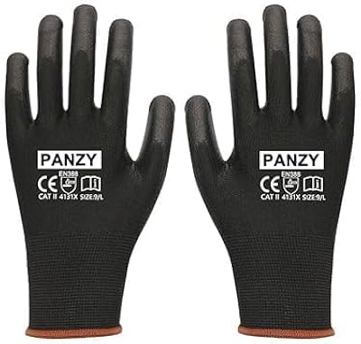 Panzy Pack med 12 eller 24 svarta arbetshandskar, PU och nylon halkfria arbetshandskar för utomhusbruk (12, Xlarge (10))
