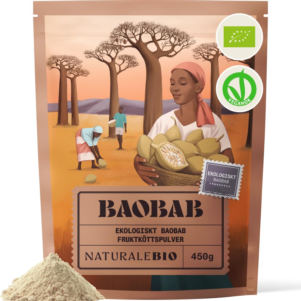 NaturaleBio ekologiskt baobabpulver 450g. Fiberrik superfood med vitamin C från rå afrikansk baobab. Stödjer immunförsvar, matsmältning och hud. Vegansk, non-GMO.