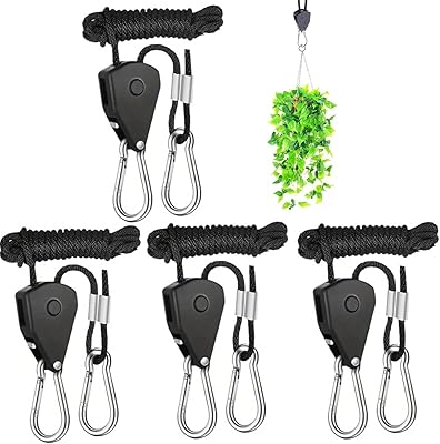 4 stycken justerbar 1/8 tum repspärr med förstärkta krokar - fixeringssats växtlampor, lastkapacitet 68 kg/par, säkert låssystem för rep för inomhus/utomhus (svart)