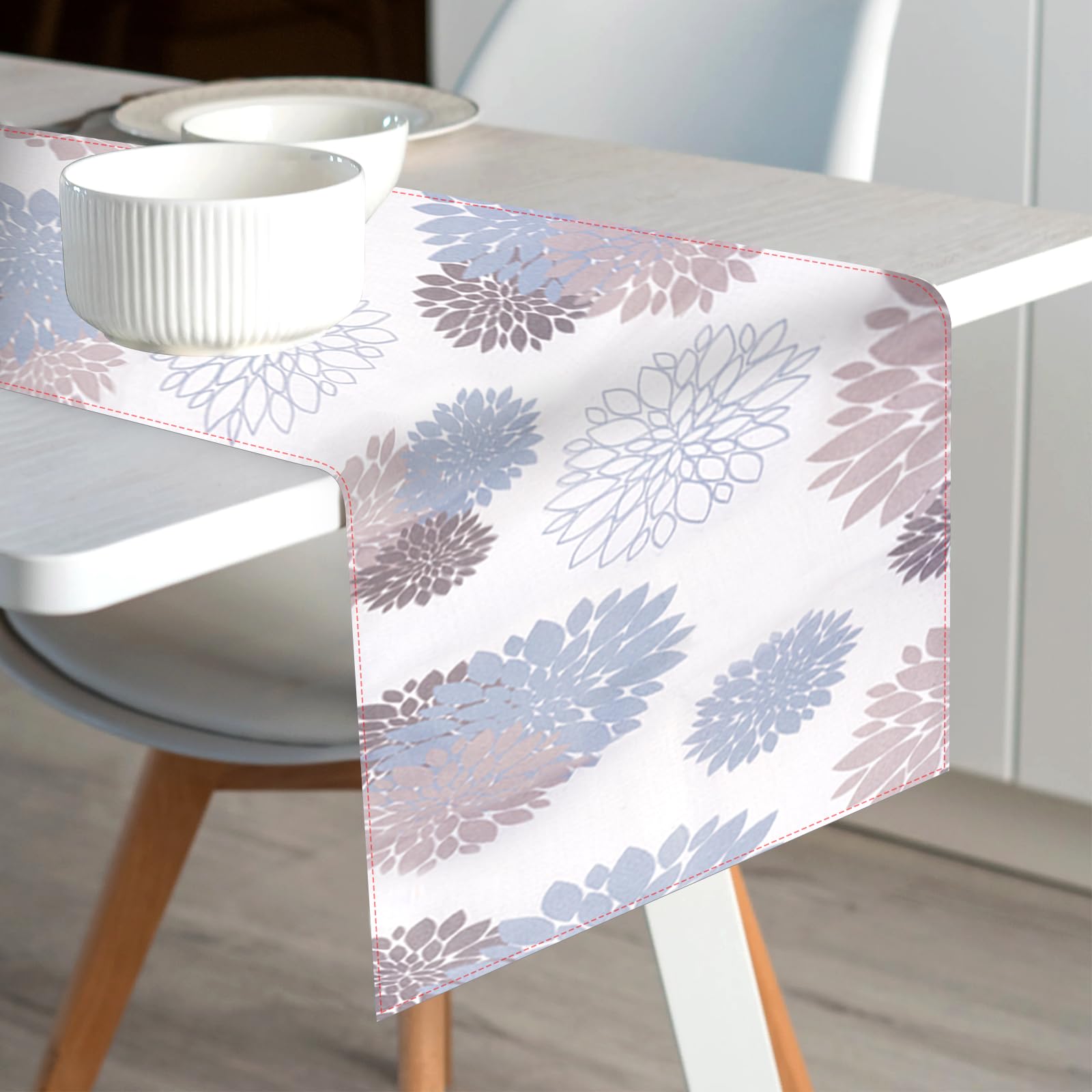 Bordslöpare blommor ljusblå dahlior, 140 × 40 cm bordslöpare moderna blommor svarta dahlior moderna vattenavvisande linne, dekoration bordsduk utomhus sommar trädgård för matsal, vardagsrum, terrass