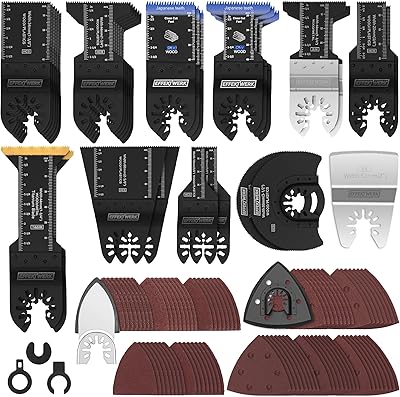 EffektWerk - 116 pcs Multitool Saw Blades and Sanding Kit - Oscillating Tool Attachments for Cutting Wood, Plastic, Metal - Adapters, Sander Pads, Sandpapers