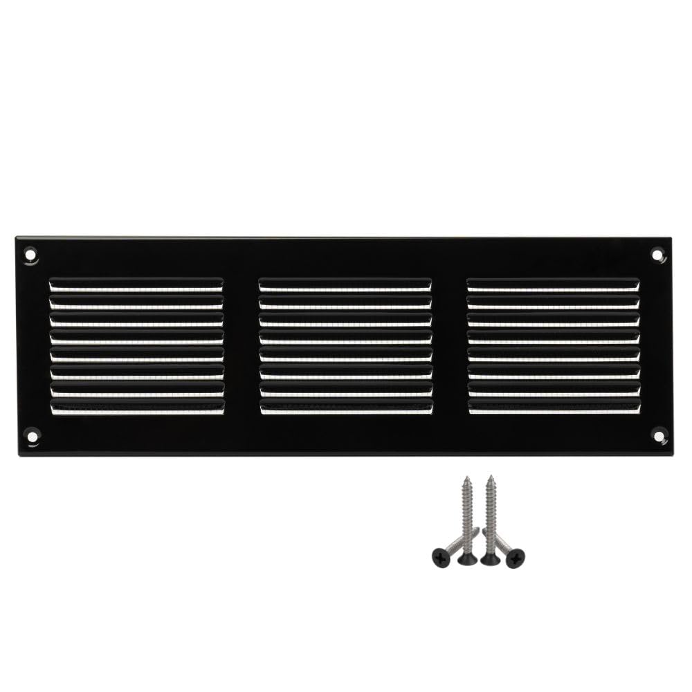 300 x 100 mm metall svart ventilationsgaller med insektsskydd – galler för ventilation – frånluftsgaller