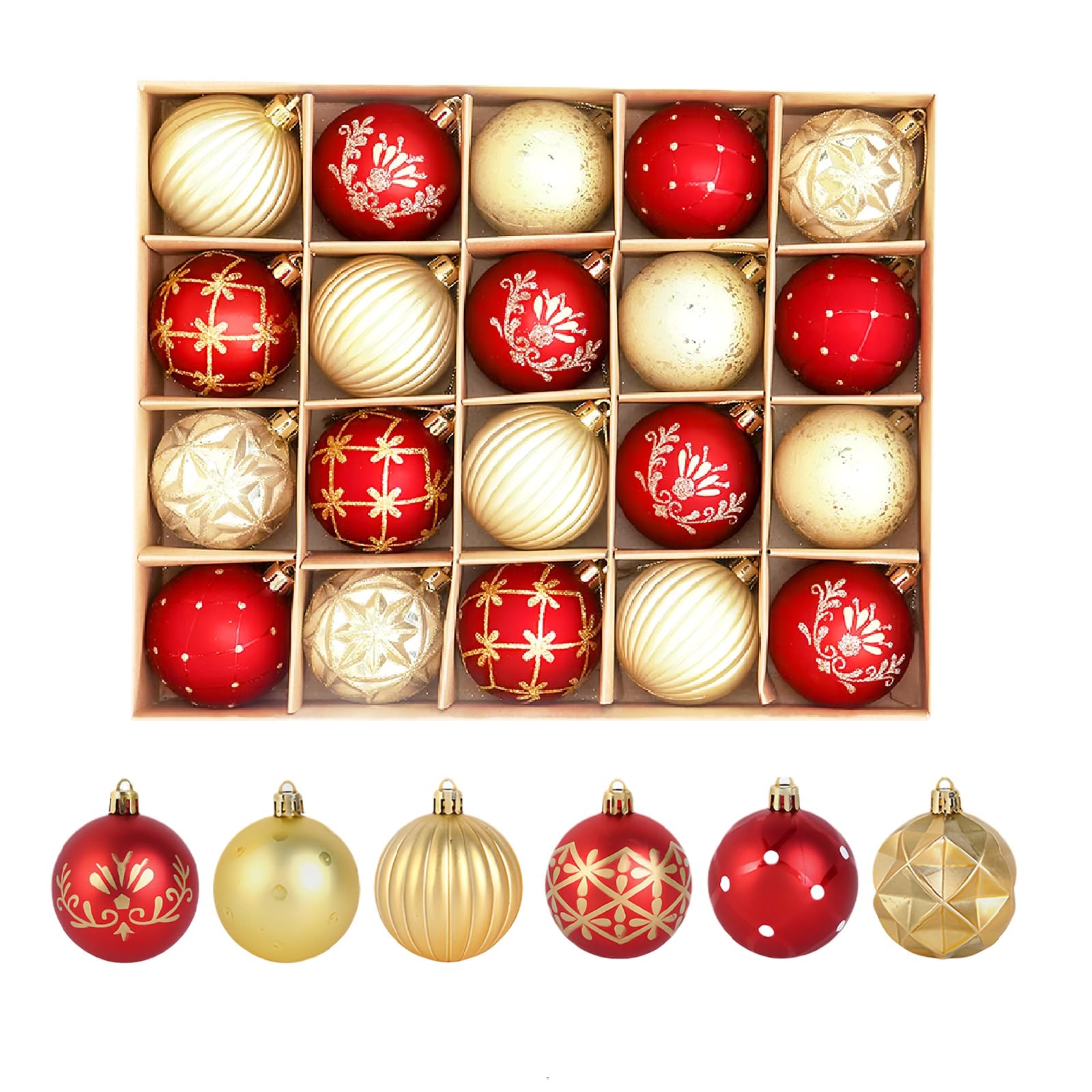 20 stycken julgranskulor, set med julgranskulor, 6 cm julgranskulor, julgransprydnader för fest, julgransprydnad, hus, vägghängande juldekoration inomhus utomhus (rött guld)