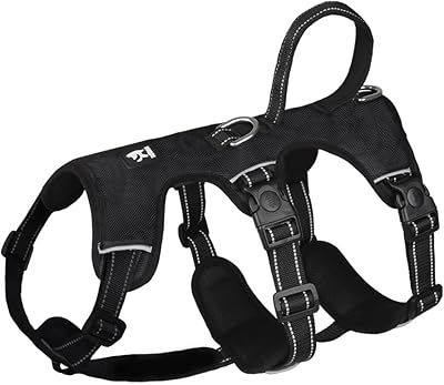FEimaX Anti-drag Traction-hundsele, Justerbar Reflekterande Hundsele för Medelstor och Stor med Kontrollhandtag och Metallringar, Andningsbar, Vadderad Hundväst, Svart, L