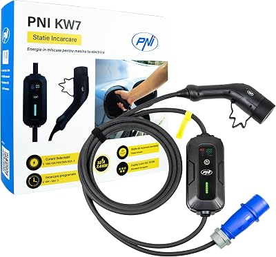 Bärbar laddare PNI KW7 32A, 7,4KW, för elbilar, 230V, enfas, Typ 2-kabel med 5-polig kontakt, med tidsstyrning, IP66