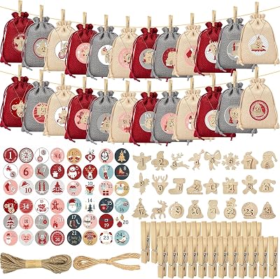 Julkalender i 24 tyg för att fylla själv, adventskalender gör-det-själv pyssel påsar med siffror, gör-det-själv jul hängande presentpåsar