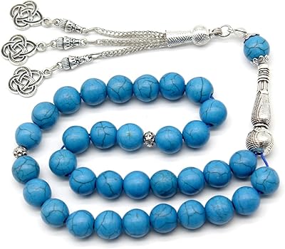 Perlin radband, radband, Tesbih Tasbih Tespih Misbaha Subha 33, muslimskt islamiskt radband med 10 mm turkos ädelsten, pärlor, smycken, armband, böntillbehör (blå)