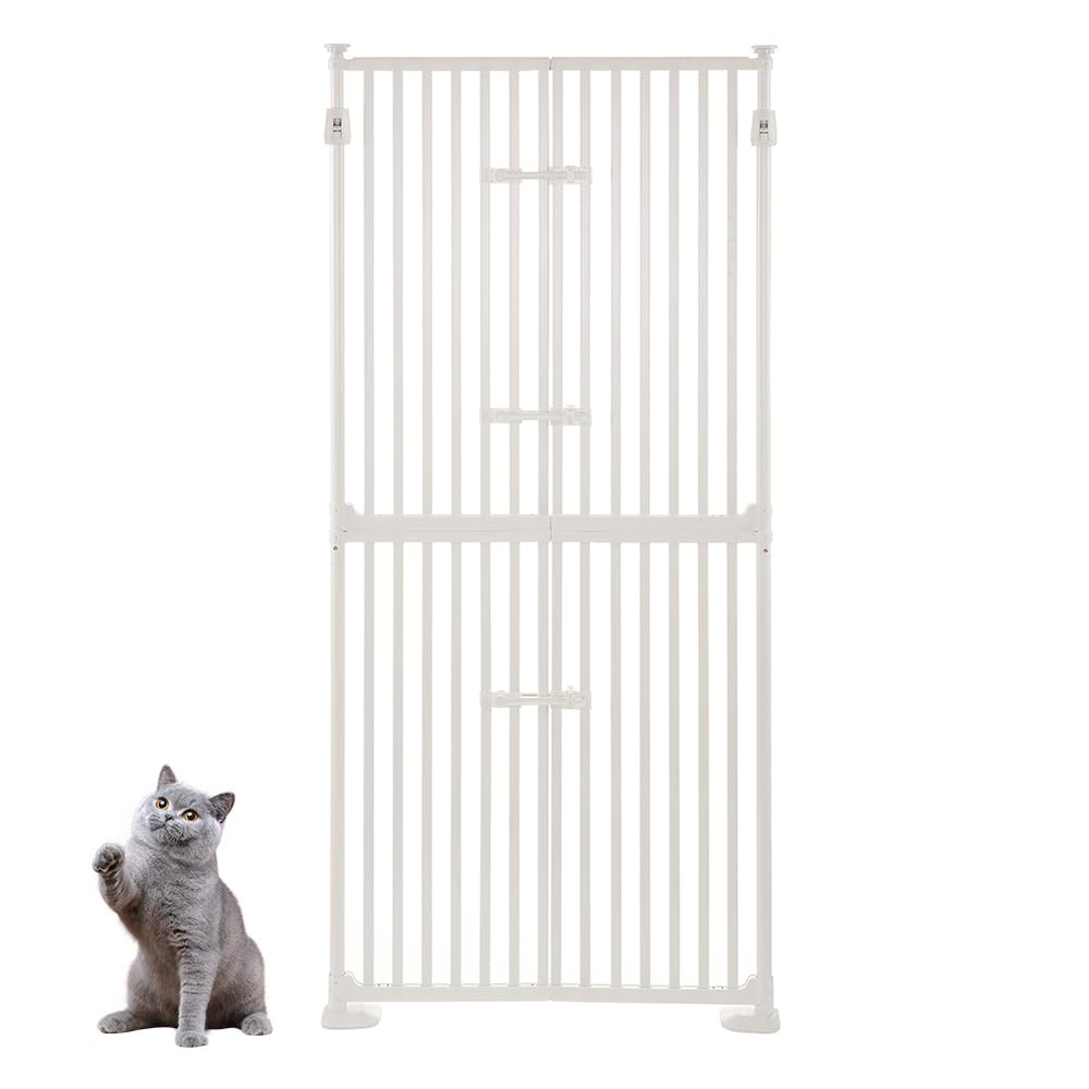 unipaws 183 cm hög extra hög kattgrind med dörrlås smalt stångavstånd, tryckmonterad 15 cm hög justerbar husdjursgrind, kattdörrväg inomhusbruk, vit