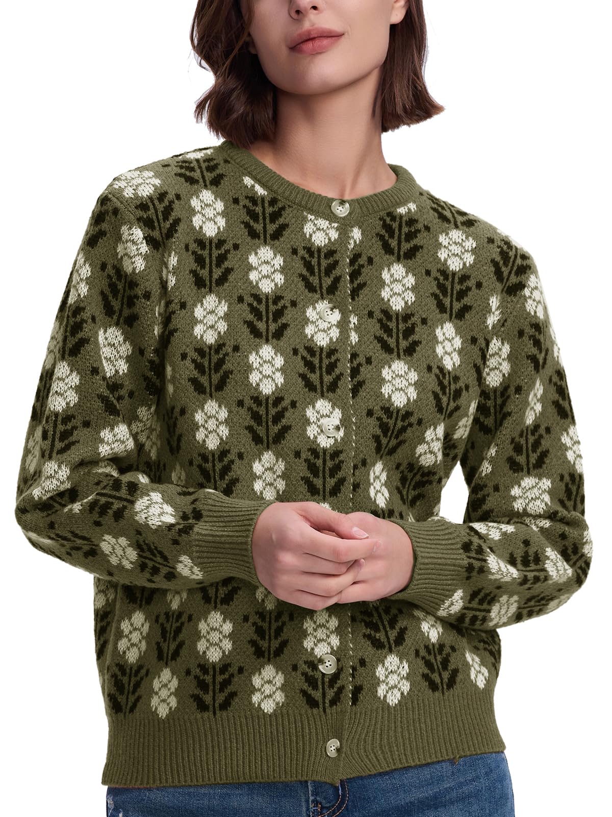 Les umes kofta dam långärmad kofta höst vinter kort stickad kappa med knappar rund hals stickad tröja med blommönster, Grön, XL