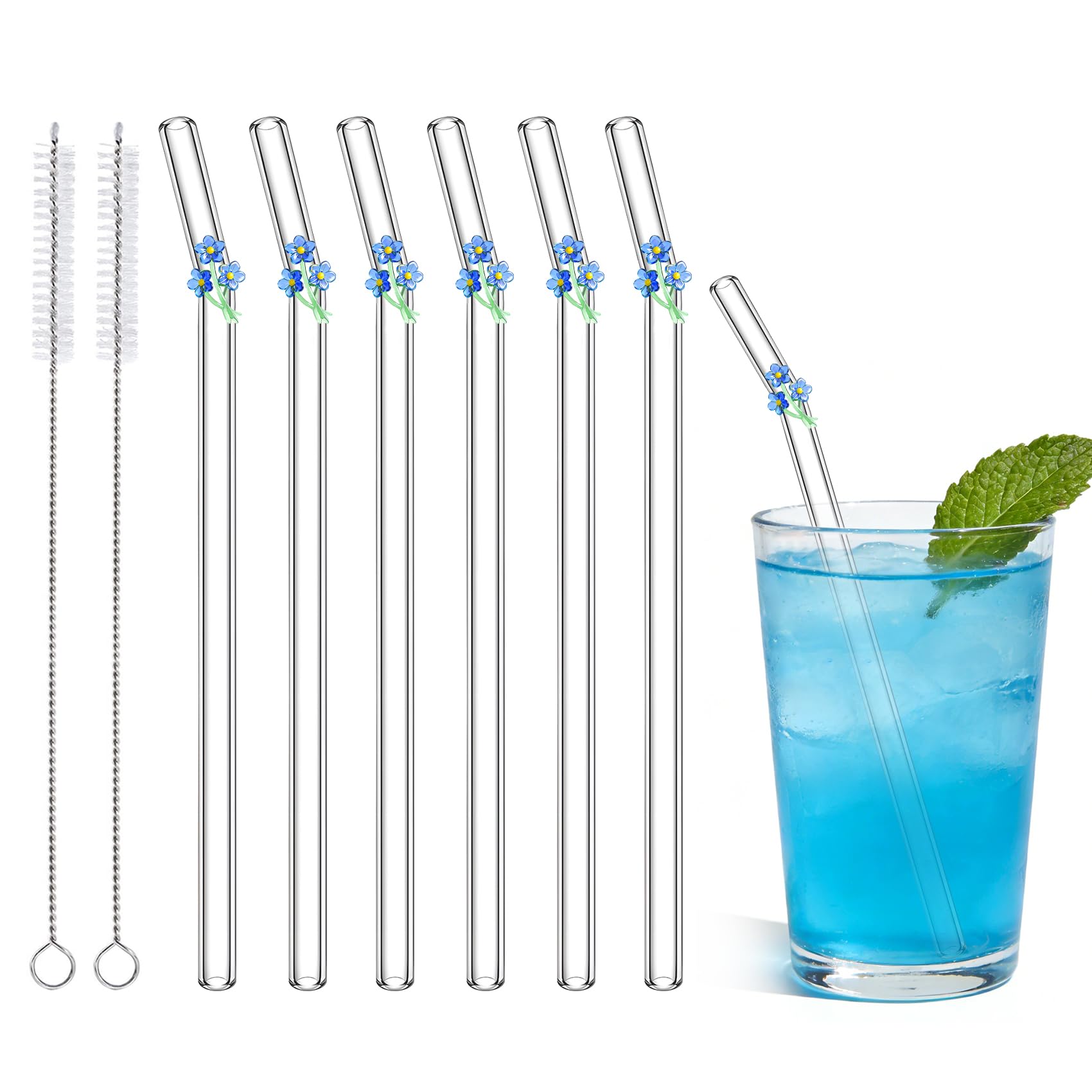 Glassugrör med berlocker glöm 'My Now' blommor, 6 stycken sugrör glas med 2 rengöringsborstar, färgglada glassugrör långa, för kaffeälskare, juice, sommarfest