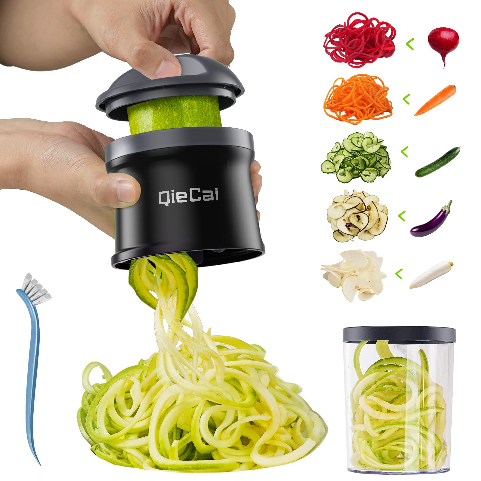 QieCai Spiralskärare grönsaker med behållare – 4-i-1 zucchini spiralskärare grönsaksskivare spaghetti grönsakshyvel för grönsakssit, zucchini, morötter, potatis-svart