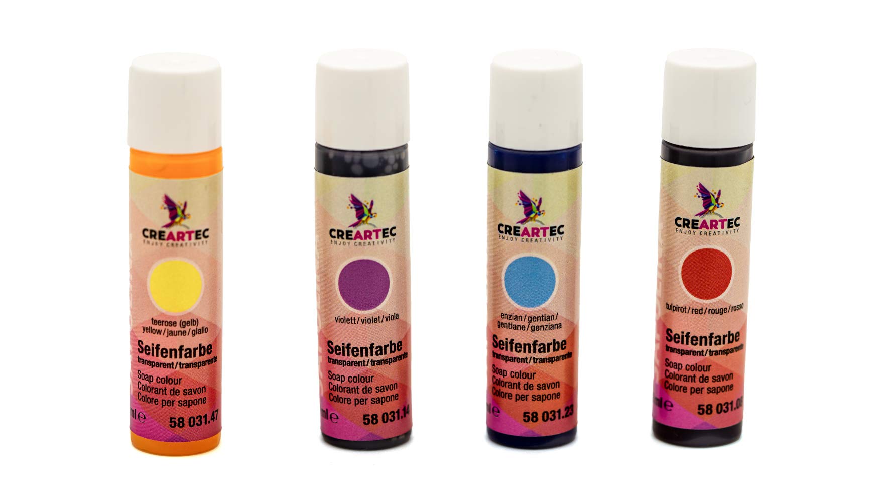 CREARTEC naturlig tvålfärg transparent – tvåltillverkning/tvålskapelser – färger: teros, violett, gentian, tuliprot – innehåll: 40 ml – Made in Germany
