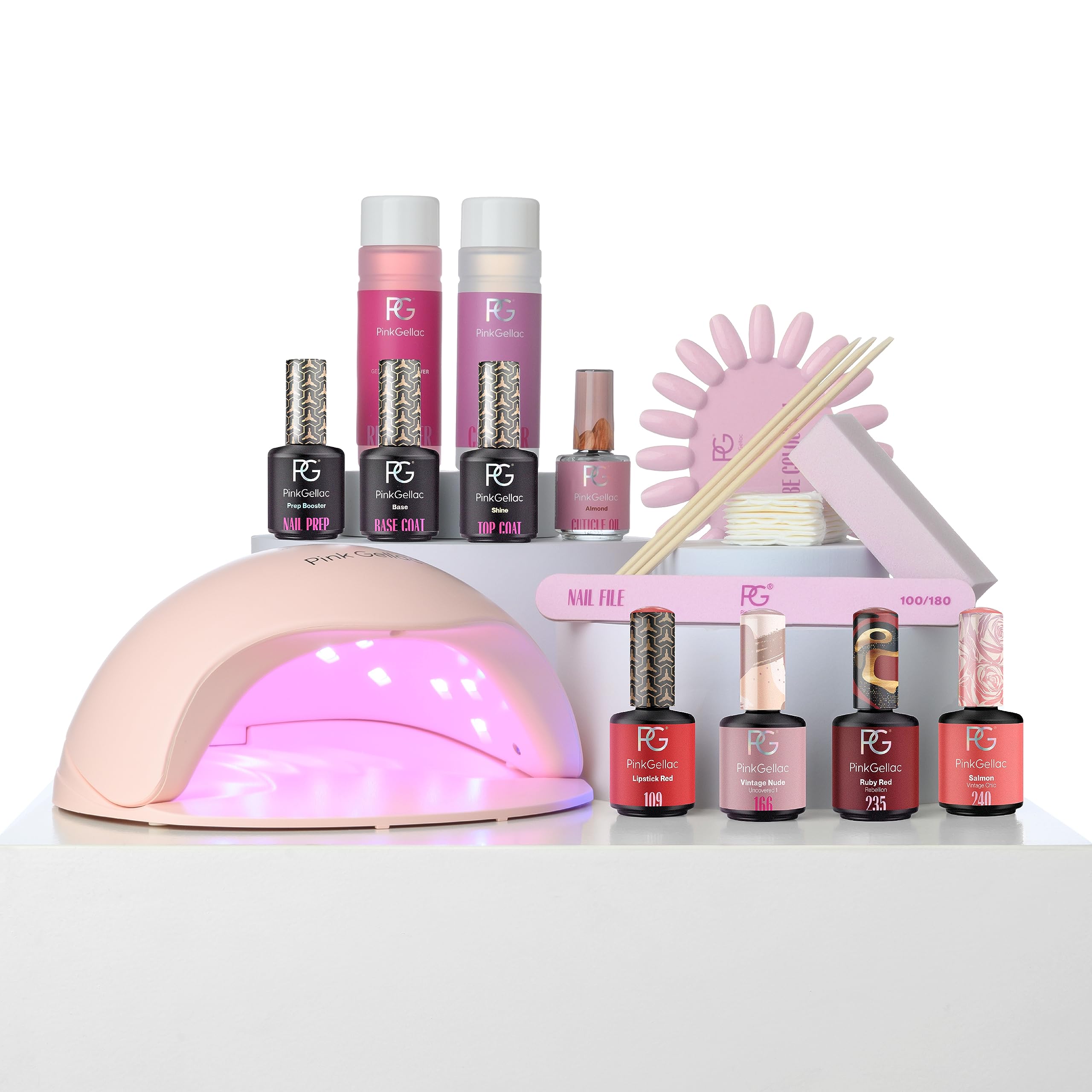 Pink Gellac Semi-Permanent Varnish-kit - manikyr semi permanent komplett kit med premium rosa LED-lampa, 4 x 15 ml röda nyanser, topp och bas UV-gel, borttagningsmedel och salong rengöring