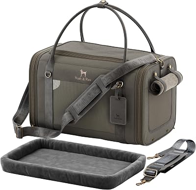 Noah & Paw Mjuk Kattbur Liten Hundbärväska för Små Hundar, TSA-Godkänd Flygbolag 46x28x28cm Kattbur, Reseväska för Husdjur, Liten Bench, Madrass Ingår, Grå Canvas