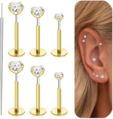 Sweetkiki 20 g gänglösa platta örhängen – 6 par guldfärgade piercingsmycken (Tragus, labret, brosk, läpp, conch, helix), Små, Rostfritt stål, cubic_zirconia