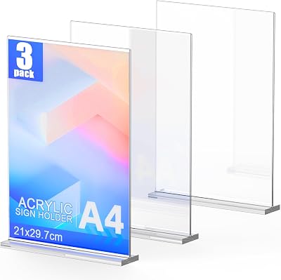 Alytree A4 skylthållare i akryl, 3-pack dubbelsidig A4 perspex-displaystativ, T-format plastaffischstativ, menyhållare för kontor, restaurang, butik, hem