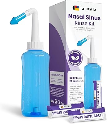 Nasalsköljningskit – 300 ml flaska + 20 påsar saltlösning, nässköljning – Neti-kruka för bihålelindring och näshygien med balanserat pH (500 ml + 20 salt)