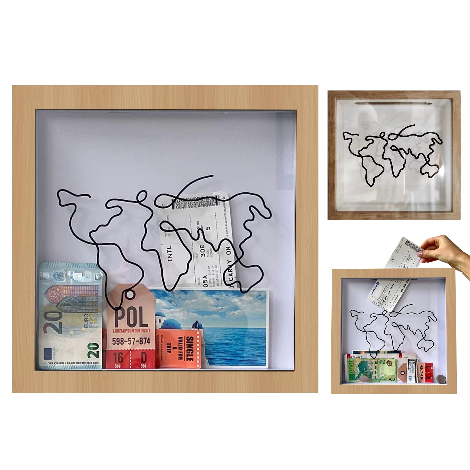 Pengagåva fotoram, resor pengar gåva förpackning, personlig trä världskarta 20 x 20 cm resekassadekoration för bröllopspresent, globetrotter, resor, semester träådring