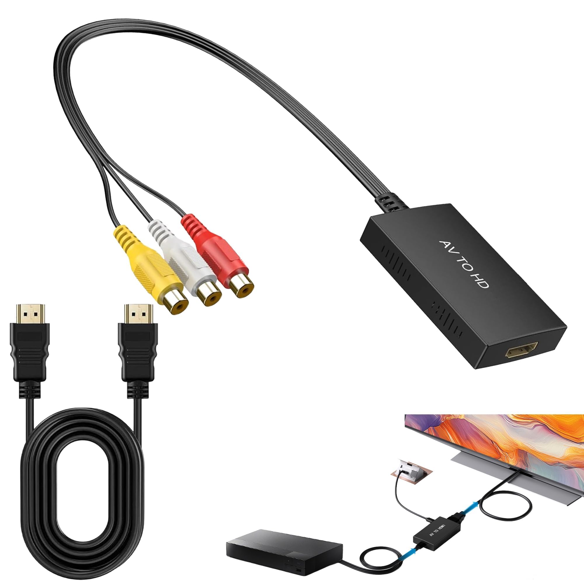 Ailah AV till HDMl-omvandlare - 3 RCA komposit till HDMI-adapter med USB-kabel, kompatibel med TV, PC, DVD, spelkonsol, 1080P