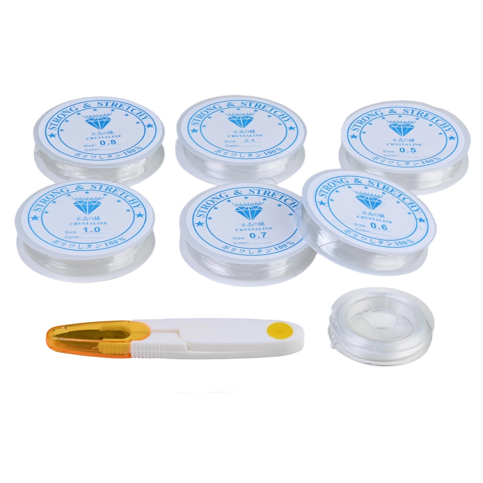 Smyckestråd elastisk slitstark, 7 rullar elastiskt band för armband transparent, 0,4 mm till 1,0 mm armband trådset, med sax och 2 stycken pärlnålar