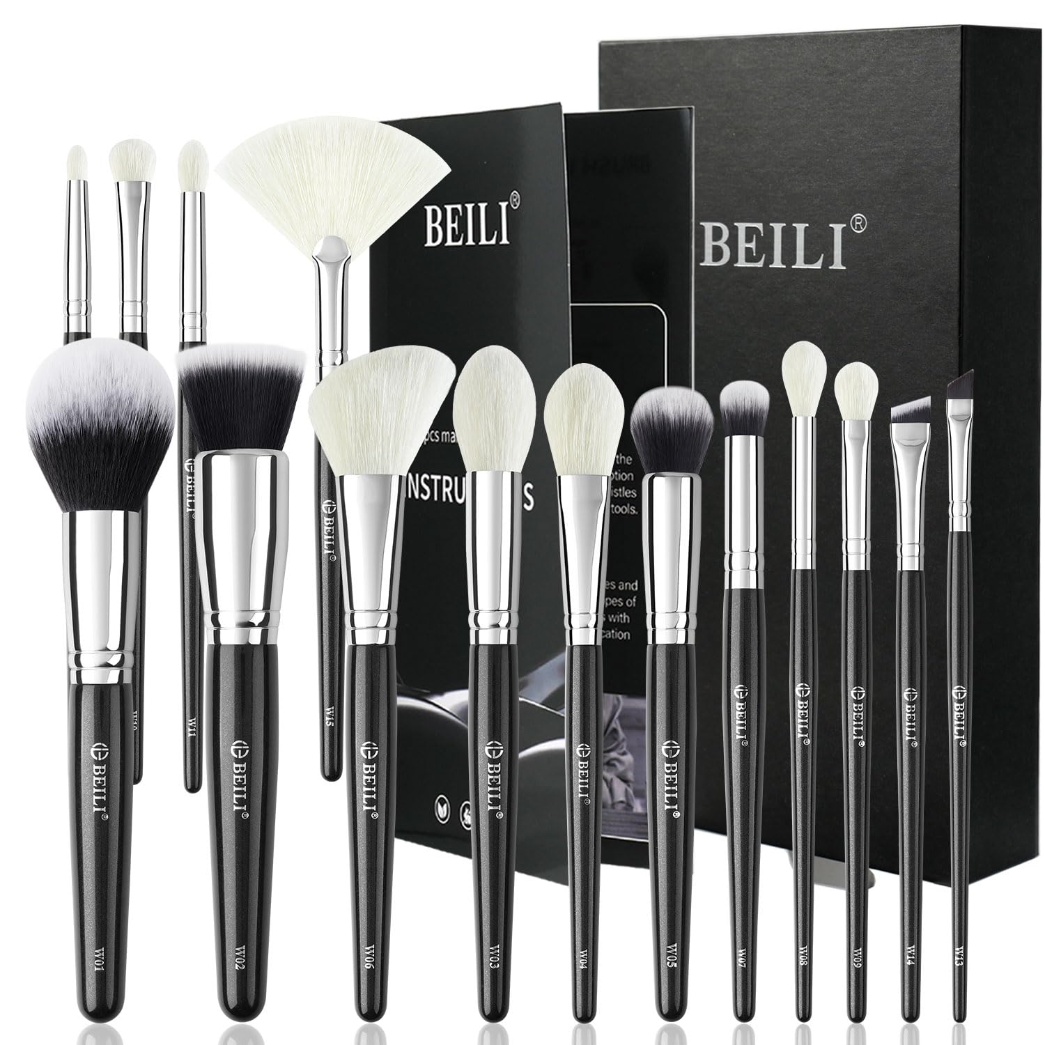 BEILI 15 st sminkborstar professionella sminkborstar set för pulverfoundation, korrigerare, ögonbryn, ögonskugga, kontur, eyeliner, ögonblandningsborste