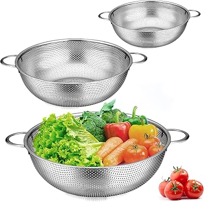Herogo sil set om 3, rostfritt stål kökssil med handtag, mikroperforerad dräneringssil, metall kökssil för dränering och sköljningspasta, ris, frukt, grönsaker, diskmaskinssäker, 16 cm/22 cm/28 cm