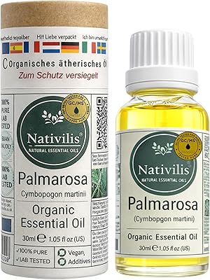 Nativilis Eterisk ekologisk palmarosaolja Cymbopogon Martini balanserar närande hud har en föryngrande effekt – rengörande, fuktgivande – behandlar akneutbrott – god sömn Egenskaper Copaiba