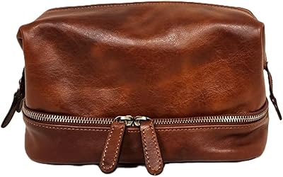 Brun Läder Toaletteväska, Blixtlås, Necessaire Elegant Äkta Läder Lyxigt Badrum Tillbehör