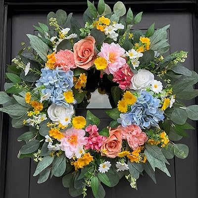 Dörrkrans ytterdörr modern lantlig stil 66 cm – färgglad sommarkrans och vårkrans konstgjord – frodig blomkrans med hortensior och rosor – väderbeständig dörrdekoration, krans utomhus