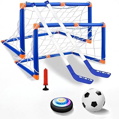 TLHWIN Hockey & fotbollsleksaksset för barn, 2 mål med nät, 2 hockeyklubbor, puck och boll