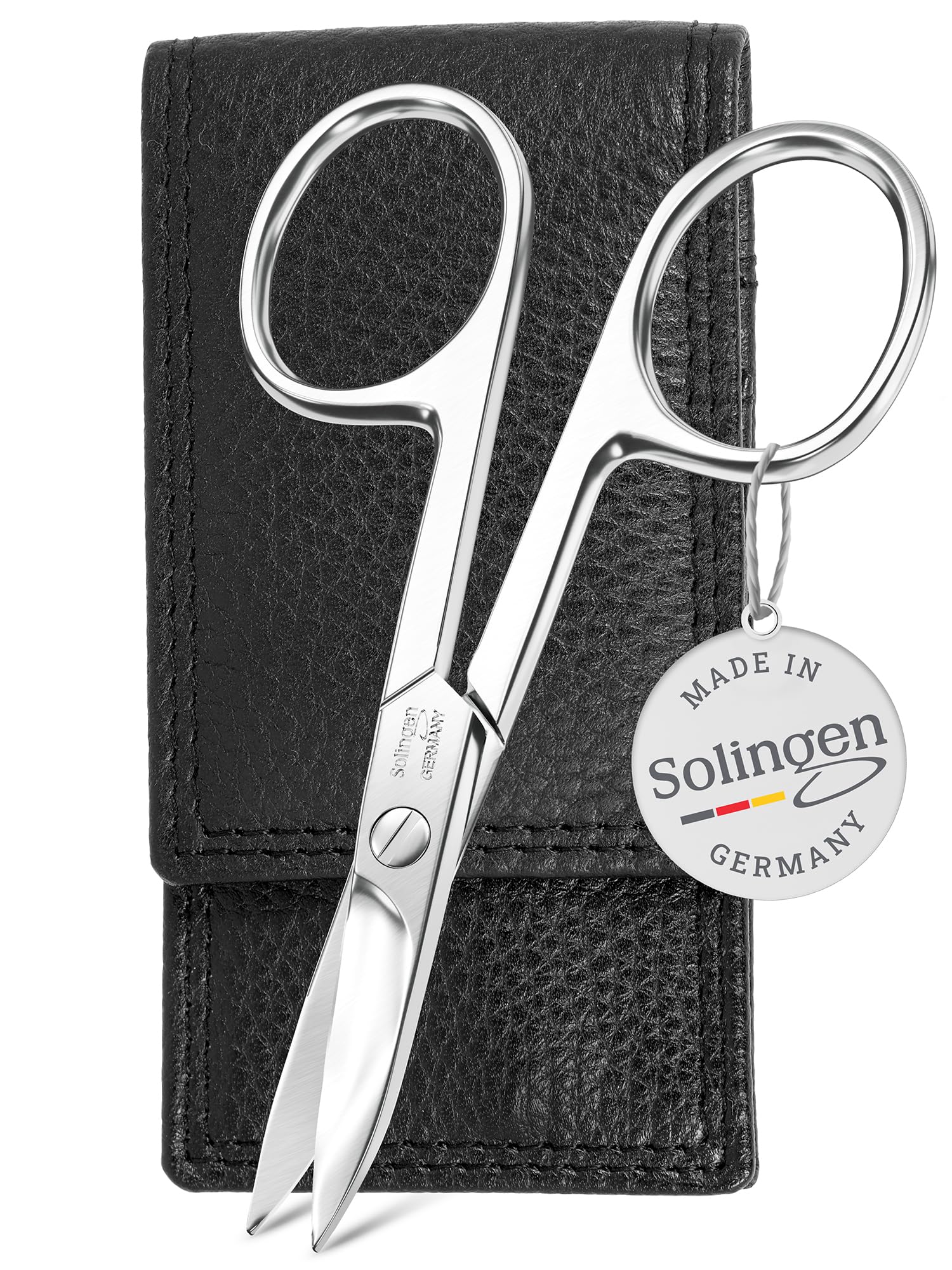 TITANIA Nagelsax Solingen med äkta läderfodral (3 fack) – böjda blad, handslipade, för finger- och fotnaglar, exakt manikyr och pedikyr, tillverkad i Tyskland