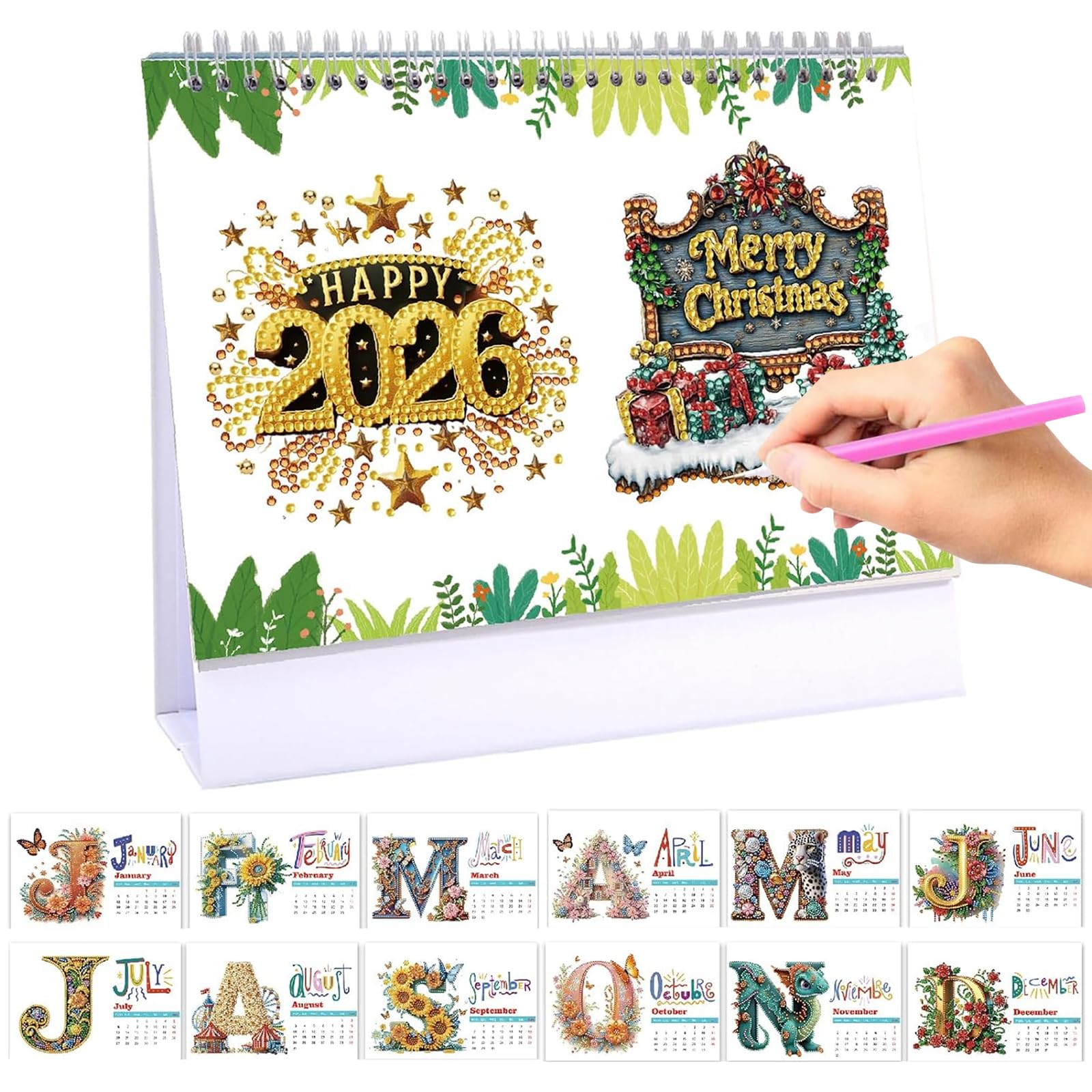 Diamond Art Painting bordskalender 2026, diamantmålning adventskalender, diamantkonst julskrivbordskalender med stativ, bordskalender med att göra-lista på baksidan – julgranar