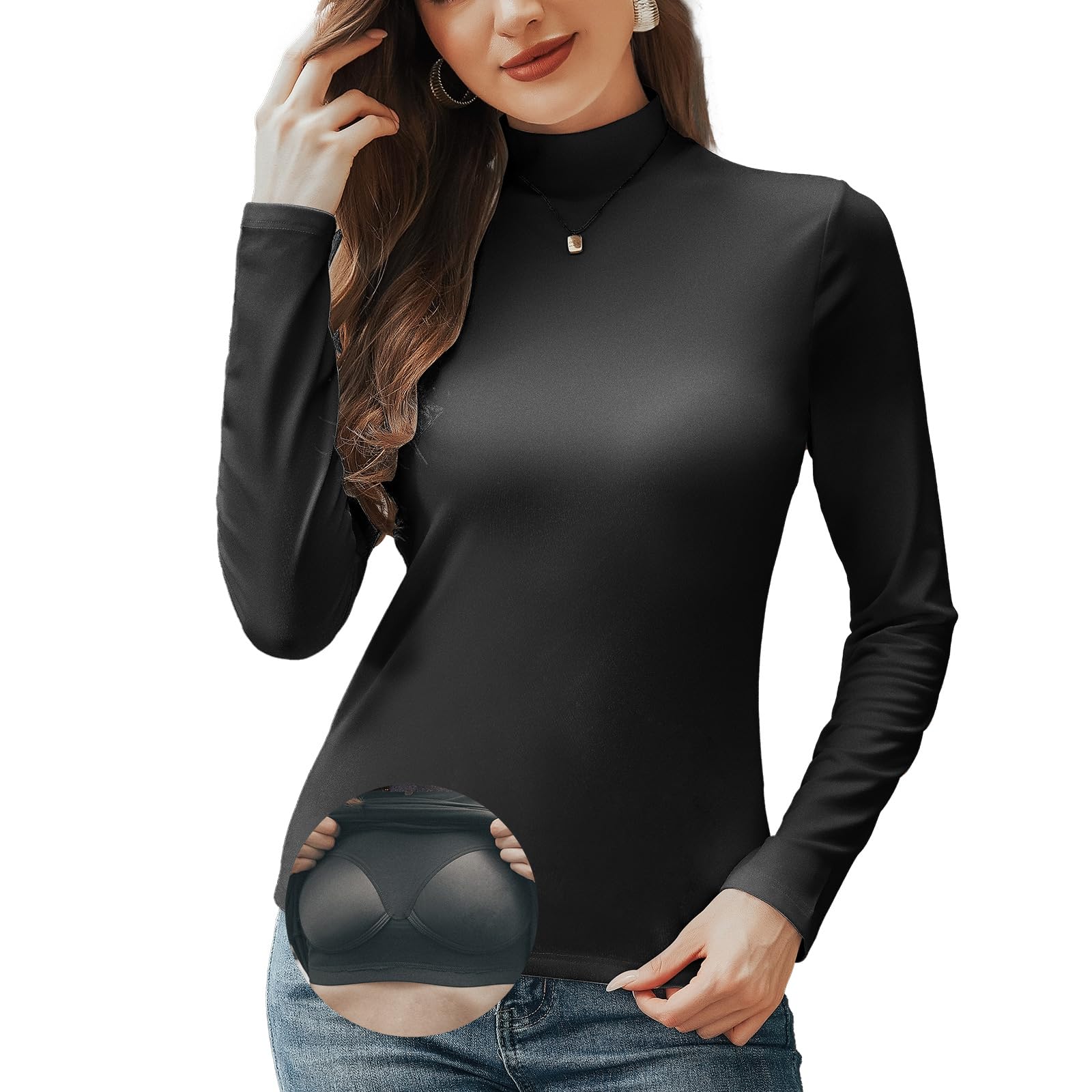 ANYFITTING Polokrage för kvinnor med integrerad bh, slim fit, skjorta, turtleneck basic polotröja, långärmade tröjor för kvinnor, långärmad S–2XL, Di001 svart, XL