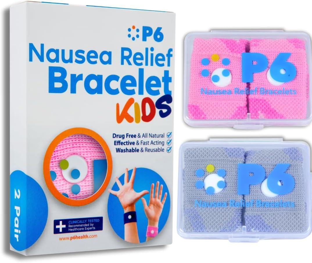 P6 Rörelsesjuka band för barn barn armband för anti-illamående havskryssning resor bilsjukdom helt naturlig icke-dåsig lindring akupressur behandling (2-pack rosa, grå)