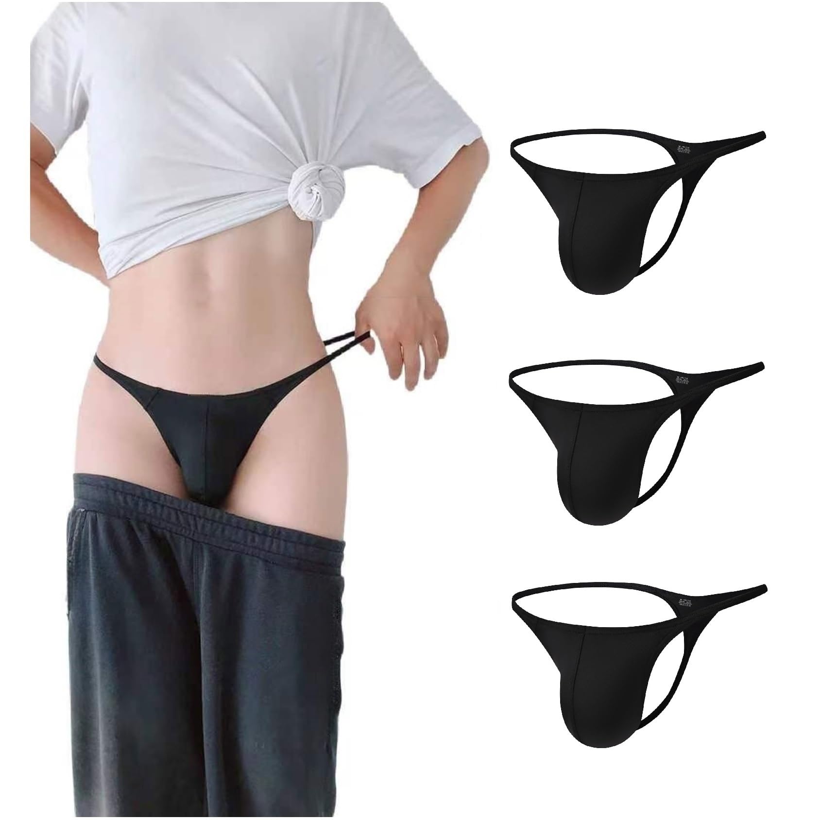 CELESTIX Men's Seamless Thong Underwear 3-Pack - Ultra Soft Nylon T-Back G-String for Comfort & Support, Sexy Low Rise Briefs Black(XXL)