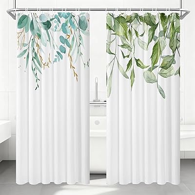 Feagar Duschdraperi 180 x 200 cm, uppsättning om 2 – tyg duschdraperi med gröna blad, vattentät, antimögel, snabbtorkande, perfekt för badkar och dusch, med 24 ringar