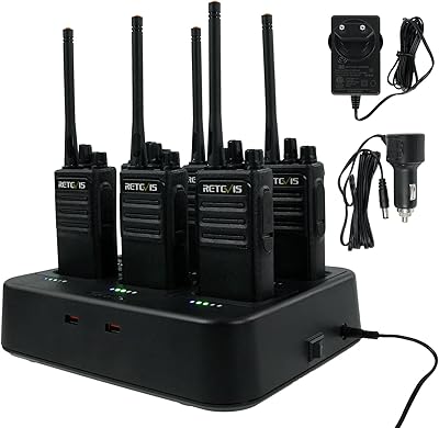 Retevis RT617 Walkie Talkie med 6-Vägs Laddare, Effektiv Laddning, Laddningsbara 2-Vägs Radioapparater 1200mAh, VOX, Lång Antenn, PMR446 Licensfria Walkie Talkies för Skola, Tillverkare (6 St, Svart)