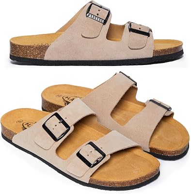 PLAKTON Formentera Herr- och damkorksandal, plysch mocka med justerbara spännen, anatomisk innersula av minneskudde, bekväma beta-180010-5 färgglada, kaki, 38 EU, Sten, 44 EU