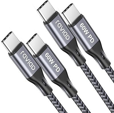 RAVIAD USB C till USB C-kabel [2 m, set med 2], PD 60 W, snabbladdning, USB typ C, nylon, flätad kabel, kompatibel med Samsung Galaxy S22, S21, S20, S10, S9, A51, A53, Note 20, 10, Huawei P50, Google