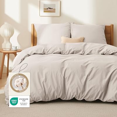 BEDSURE Bomull sängkläder 260 x 240 beige – 1 påslakan 260 x 240 cm + 2 örngott 65 x 65 cm, Öko-Tex sängkläder set beige bomull med dragkedja