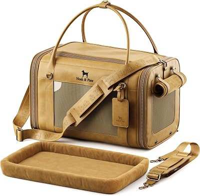 Noah & Paw Mjuk Kattbur Liten Hundbärväska för Små Hundar, TSA-Godkänd Flygbolag 46x28x28cm Kattbur, Reseväska för Husdjur, Liten Bench, Madrass Ingår, Kamel Konstläder